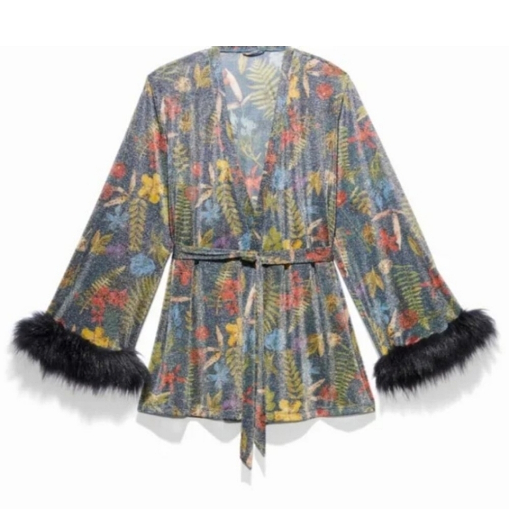 Savage X Fenty Trophy Wife Robe Metallic Island Print Sleeves Faux Fur Size M/L - Picture 16 of 16